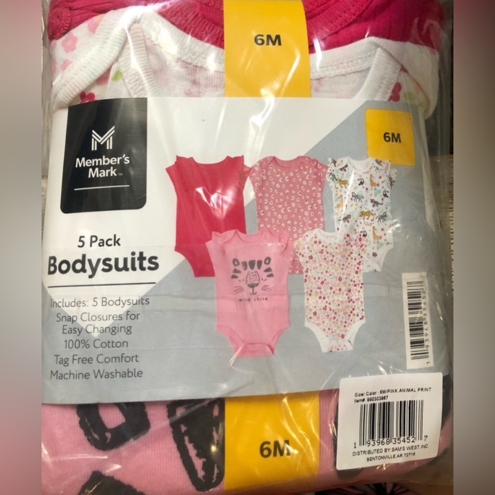 Member’s Mark Baby Girls 5 Pc  Bodysuits 100% Cotton Onesies Size 6 Months NWT